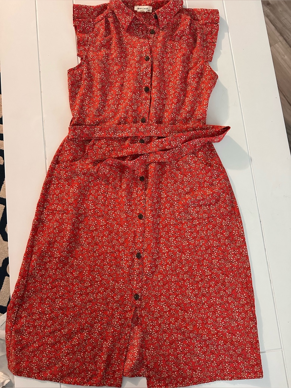 Monteau Red Floral Button-Front Midi Dress with Tie Waist